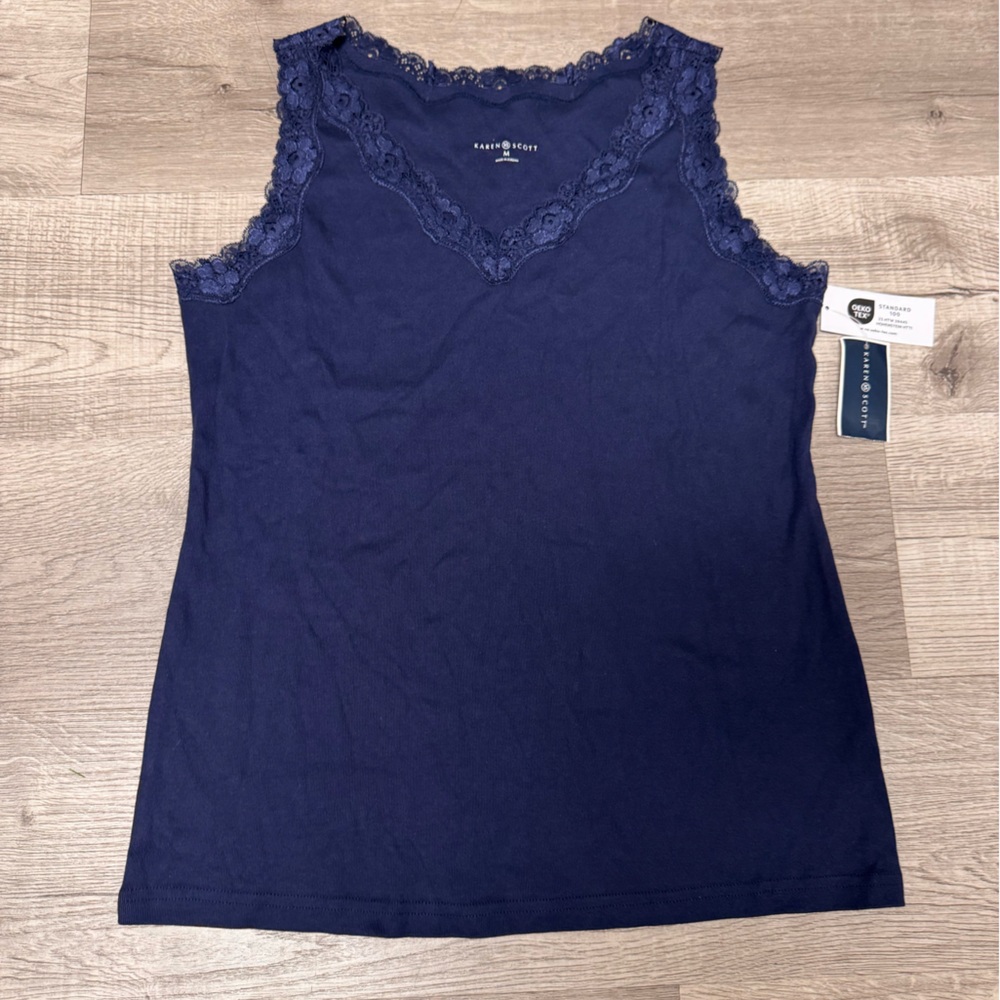 Karen Scott Navy Blue Lace Trim Tank Top